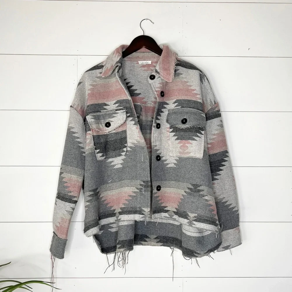 La Miel Aztec Print Boxy Raw Hem Jacket - Picture 3 of 8